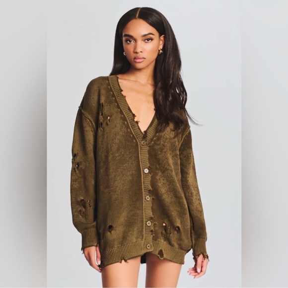 SEROYA Olive Green Distressed Sweater - Picture 3 of 7